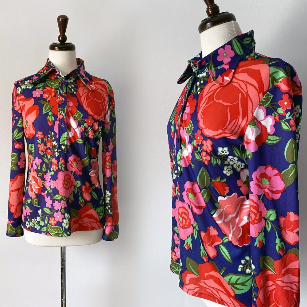 70s Disco Retro Floral Print Button Up Collared Blouse • Size M